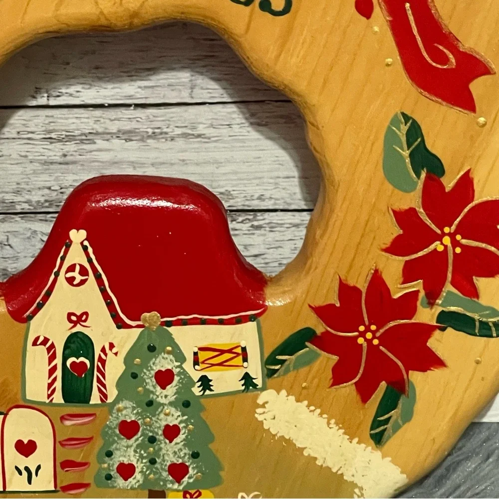 Vintage Handpainted Wooden Christmas Wreath 11x11.5”